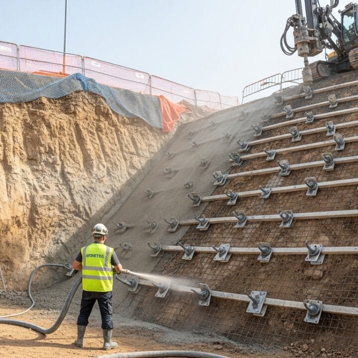 Foretek tarafından uygulanan zemin çivisi sistemi; çelik çiviler, ankraj plakaları, püskürtme beton ve eğimli şantiye sahası