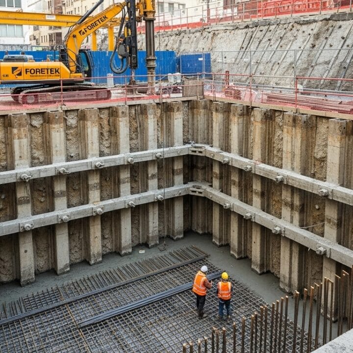Cut-and-cover metro kazısı sırasında kullanılan ankrajlı kazık perde sistemi, betonarme kazıklar, çelik ankraj plakaları ve Foretek ekipmanlarıyla birlikte