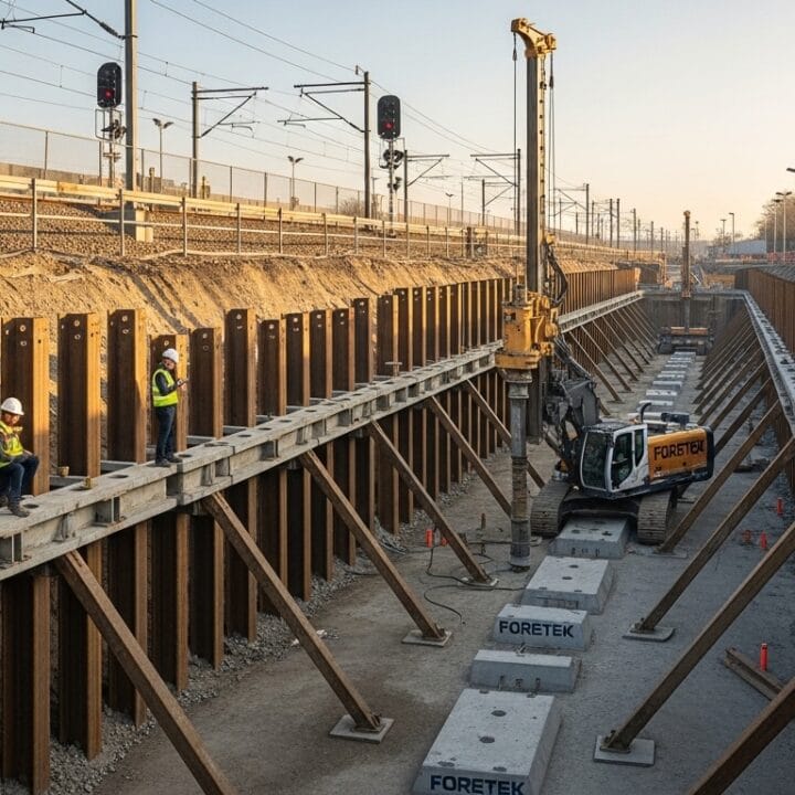 Foretek tarafından tren hattı boyunca uygulanmış Berlin Duvarı Sistemi; çelik kazıklar, beton paneller, zemin ankrajları ve raylı sistem altyapısı