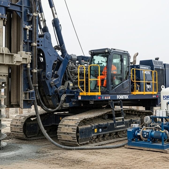 Foretek’in crawler tabanlı ağır hizmet DSM makinesi ile gerçekleştirdiği derin karıştırma uygulaması – çoklu dikey şaftlar, çimento-silikat enjeksiyonu ve sahada mühendislik takibi