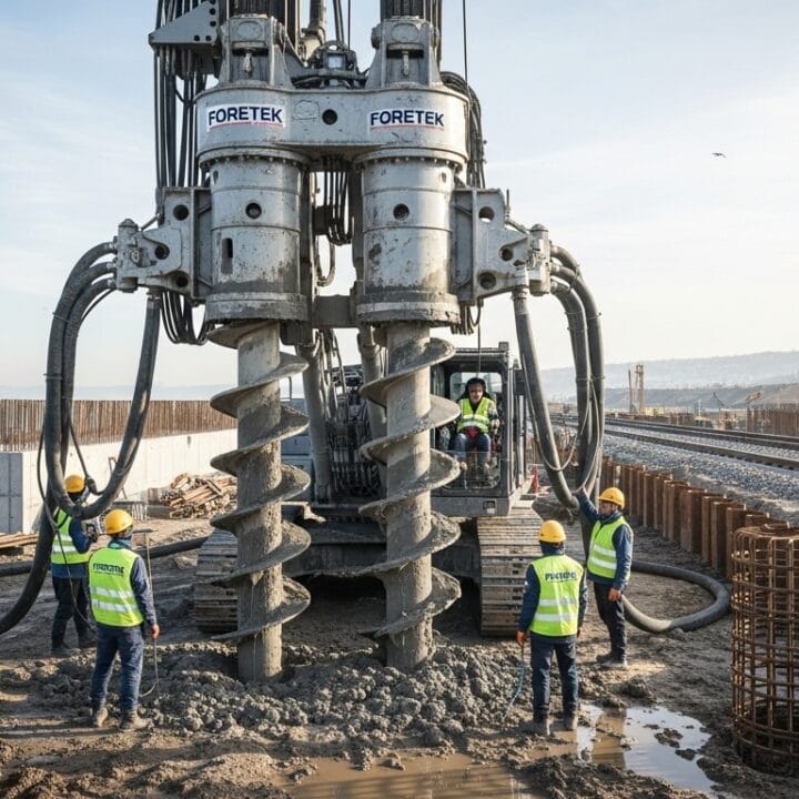 Foretek tarafından, deniz kenarında yürütülen hızlı tren altyapı projesinde kullanılan çift burgulu kazık makinesi; çamurlu zemine zıt yönlü helisel burgu ile enjeksiyon uygulaması yapılmakta