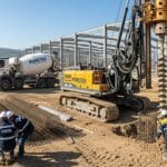 Gölbaşı Ankara'da bir fabrika inşaatında Foretek tarafından yapılan kuru sistem kazık uygulaması; döner kazı makinesi, donatı kafesi ve beton döküm sahnesi