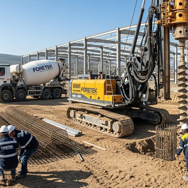 Gölbaşı Ankara'da bir fabrika inşaatında Foretek tarafından yapılan kuru sistem kazık uygulaması; döner kazı makinesi, donatı kafesi ve beton döküm sahnesi