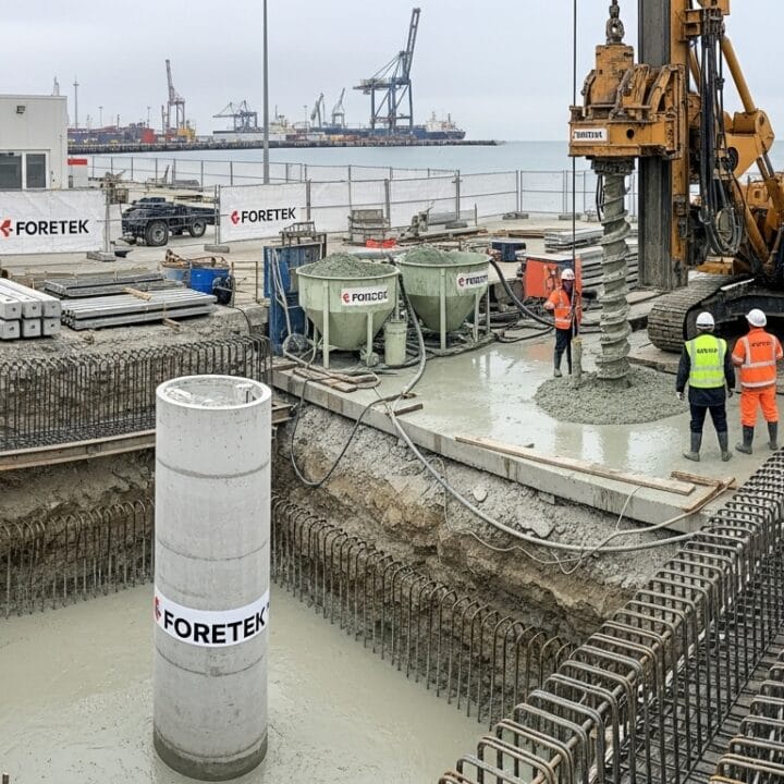 Foretek liman sahasında ıslak sistem kazık uygulaması; beton iskelede çalışan döner kazı makinesi, bentonit tankı, deniz arka planı