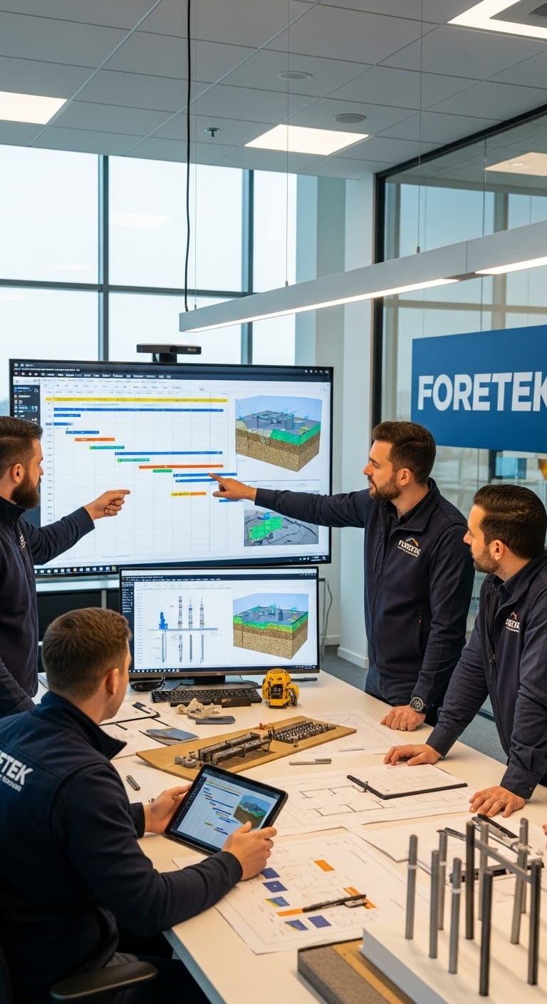 Foretek planlama süreci kapsamında mühendisler, dijital araçlarla kazık ve temel projeleri için Gantt çizelgesi üzerinde çalışıyor