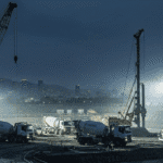 Gece veya alacakaranlıkta, ışıklandırılmış bir inşaat sahasında Foretek logolu kazı makineleriyle oluşturulmuş koyu temalı hero banner görseli