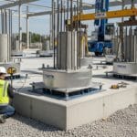 Foretek tarafından uygulanan sismik izolatörlü bina temeli – elastomerik kauçuk-çelik izolatörler, kolon altlarına monte edilmiş, betonarme temel üzerinde mühendisler kontrol yapıyor