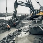 Foretek tarafından zayıf zemin ve yağışlı hava koşullarında uygulanan diyafram duvar sistemi: bentonit dolu hendek, vinçle çalışan grab kepçe ve çamurlu zemin