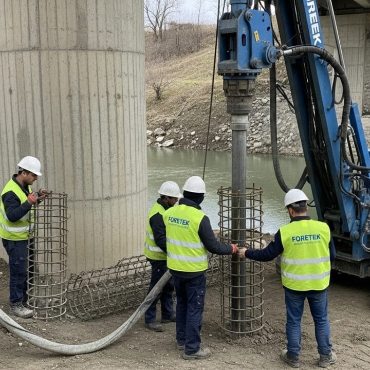 Foretek’in mikro kazık ekipmanlarıyla köprü temeli altında gerçekleştirdiği çelik borulu, enjeksiyon destekli temel güçlendirme işlemi