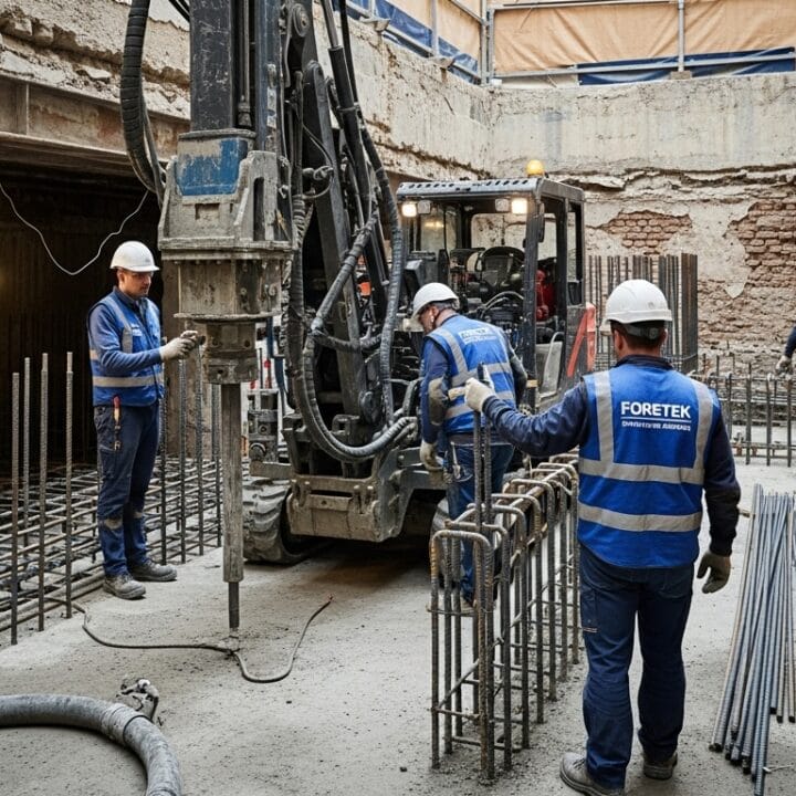 Foretek tarafından mevcut yapı temelinde uygulanan mini kazık sahnesi – düşük başlık seviyesi, dar alan, çelik donatılı temel güçlendirme