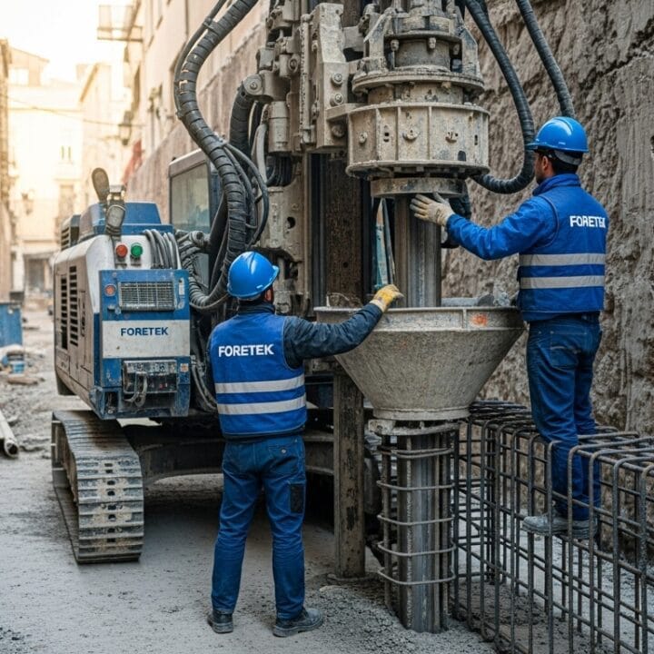 Foretek’in kentsel alanda gerçekleştirdiği mini kazık uygulaması sahası – dar alan, düşük titreşimli kazık